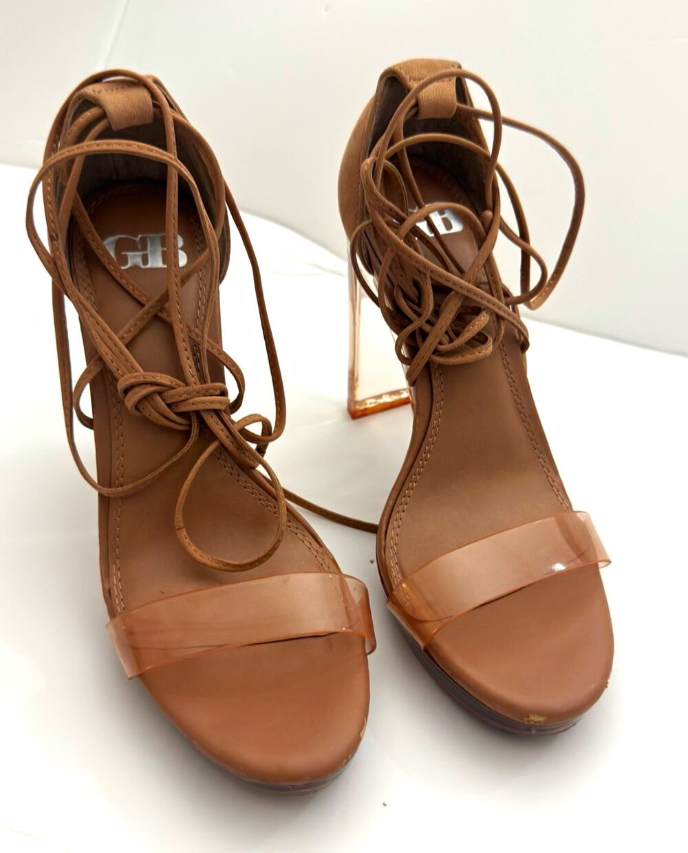 Gianni Bini Size 7 Nude Clear Block Heel Lace-Up Sandal